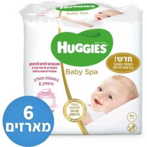 מגבוני Huggies Baby Spa - סך הכל 6 מארזים, 4 חבילות בכל מארז, 24 חבילות בסך הכל.